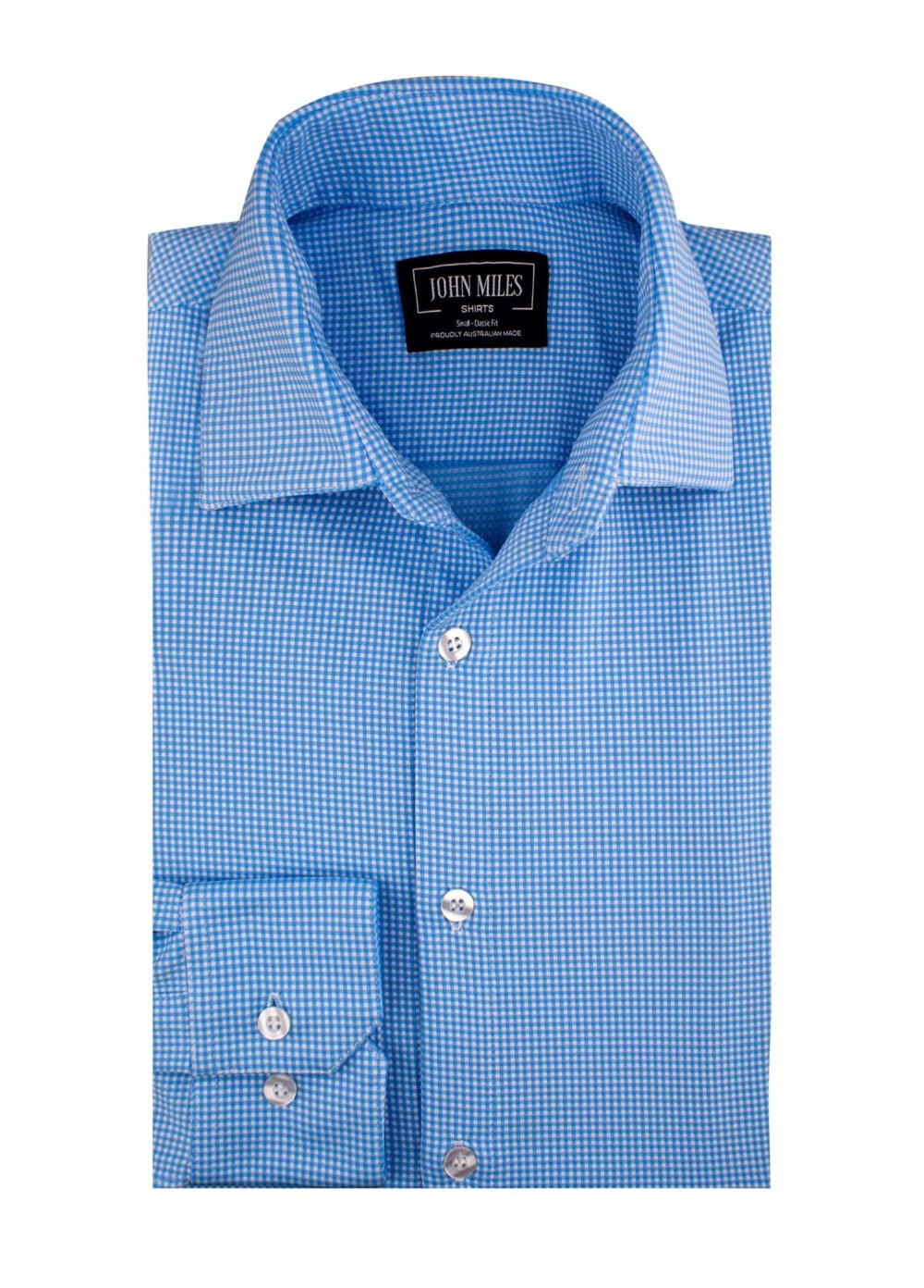 John Miles Blue Gingham Performance Shirt - Non-Iron, 4 Way Stretch, Moisture Wicking, Australian Made