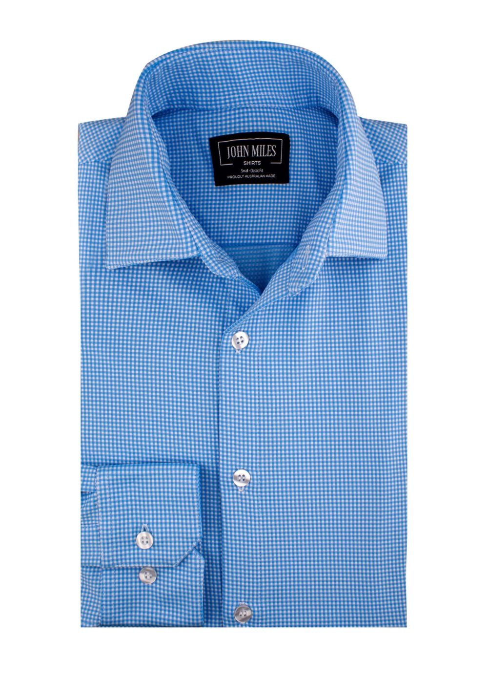 John Miles Blue Gingham Performance Shirt - Non-Iron, 4 Way Stretch, Moisture Wicking, Australian Made